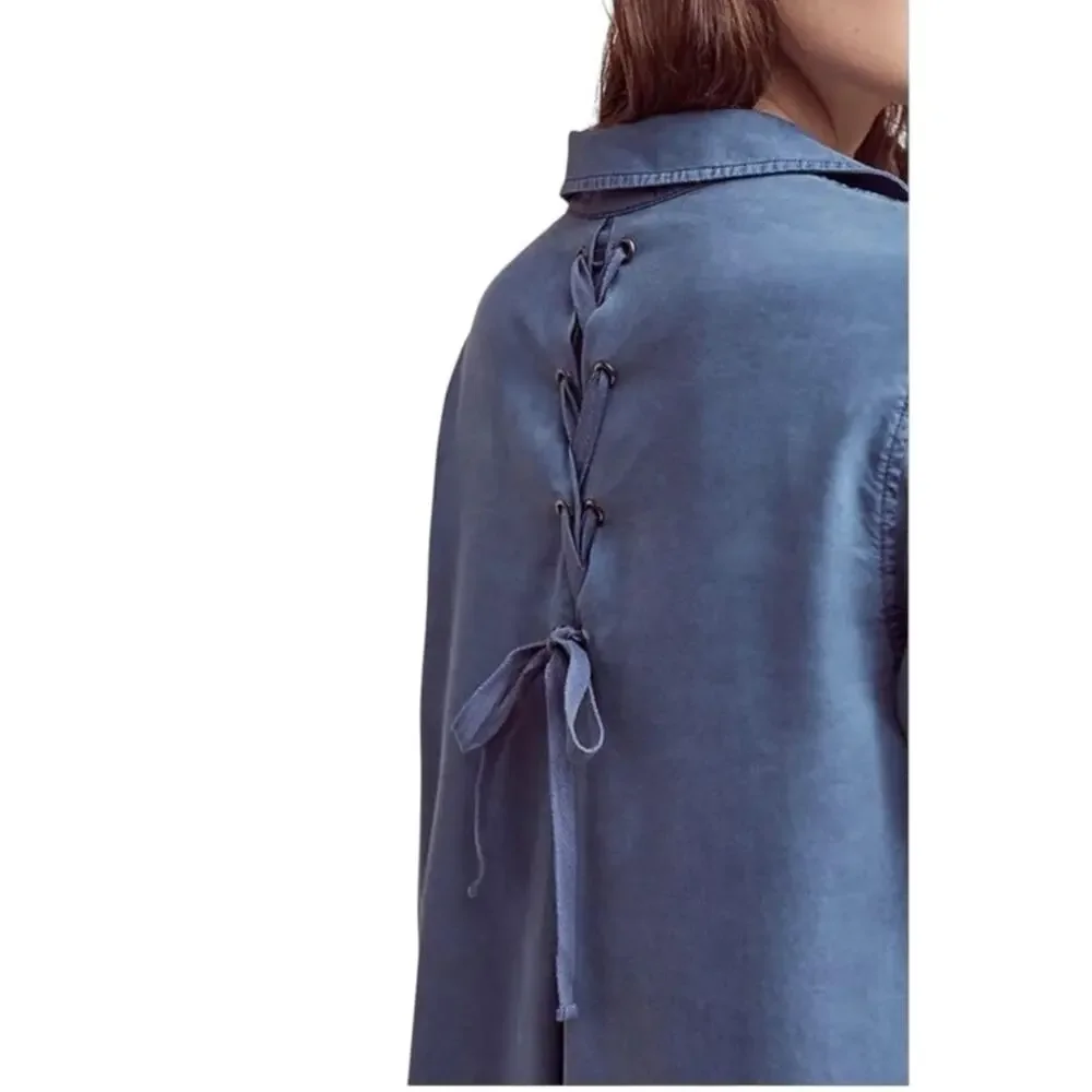 Cloth & Stone Farryn Laced Back Chambray Denim Tencel Shirt Dress Size Medium